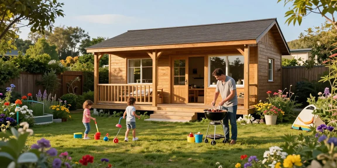 Ein Gartenhaus, umgeben von bunten Blumen, während eine Familie im Garten ein Grillfest genießt.