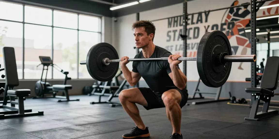 Bodybuilder im Steroidshop beim intensiven Training mit Gewichten.