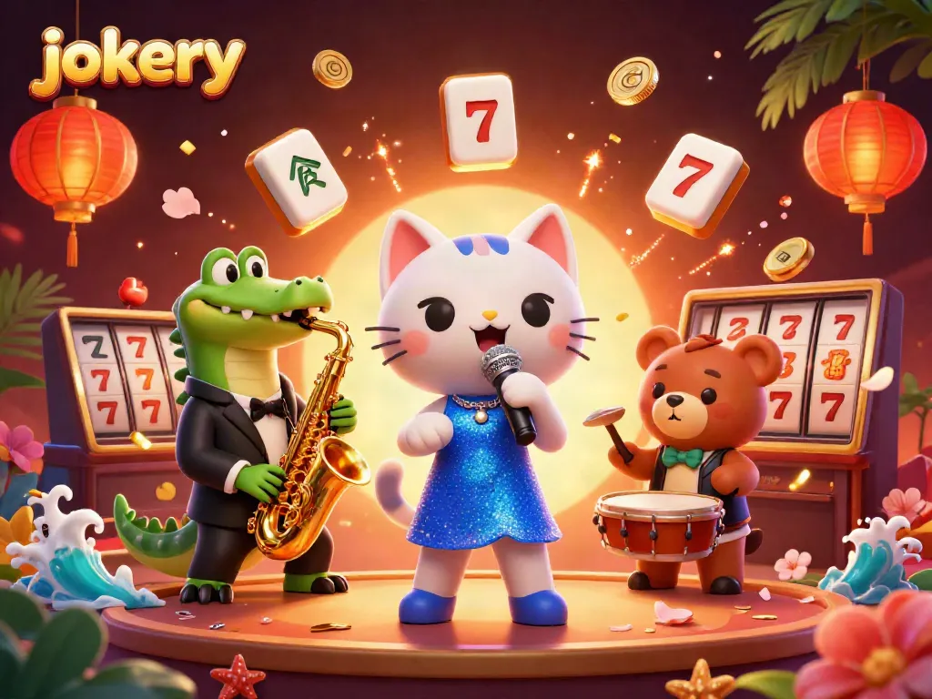 Engaging jokery casino scene with a jazz-singer cat, saxophone crocodile, and drum bear cub.