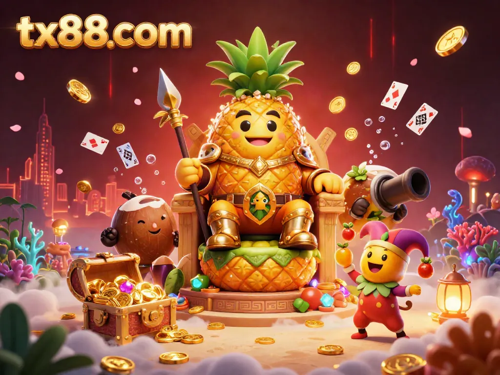 Experience the thrill at tx88com with a vibrant casino scene featuring the golden pineapple king and colorful gaming elements.