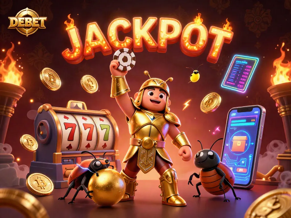 Engage with DEBET's thrilling casino experience featuring vibrant symbols of victory and luck.