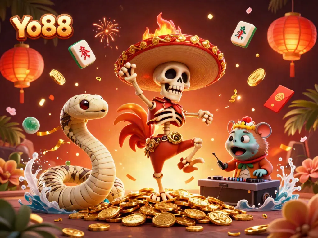 Experience the vibrant gaming world of Yo88 with festive characters and dynamic casino elements.