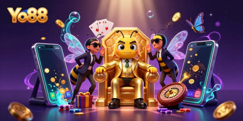 Join the buzzing action at Yo88's thrilling online casino with vibrant slot games and energetic characters.