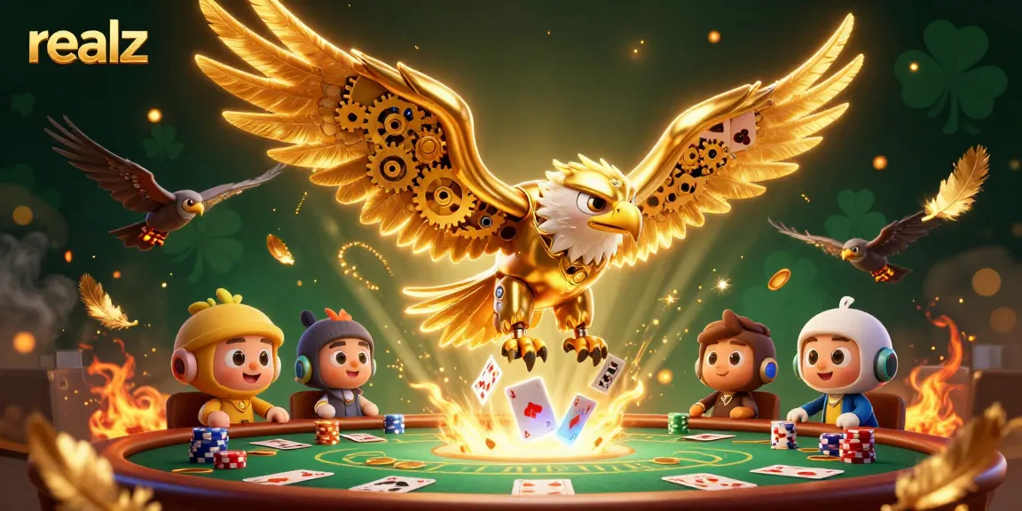 Experience thrilling poker action with realz in a vibrant, dynamic 3D casino scene featuring a golden eagle.