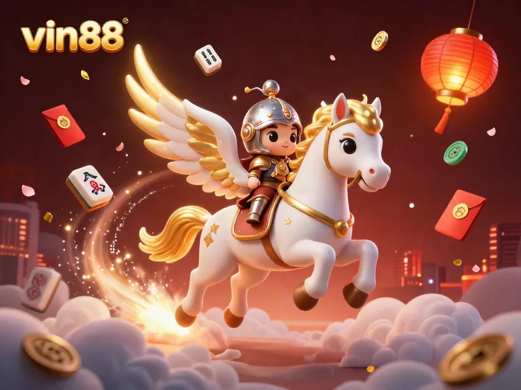 Experience the thrilling atmosphere of vin88 with an enchanting celestial horse and knight amidst dazzling casino elements.
