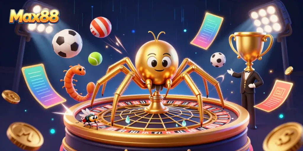Experience thrilling bets at Max88 with a captivating roulette wheel web spun by a golden spider and a centipede croupier.