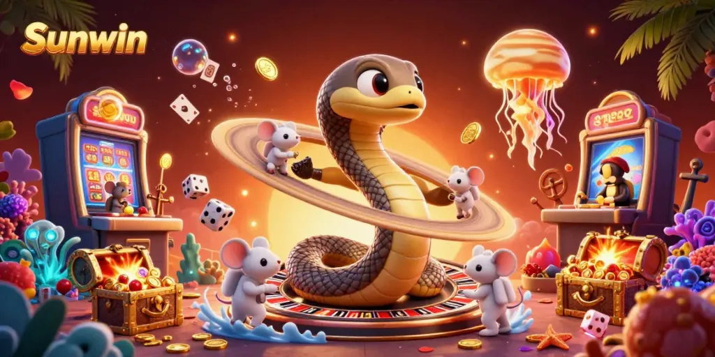 Experience the fun of Sunwin with 3D cartoon characters engaging in casino games like roulette and slots.