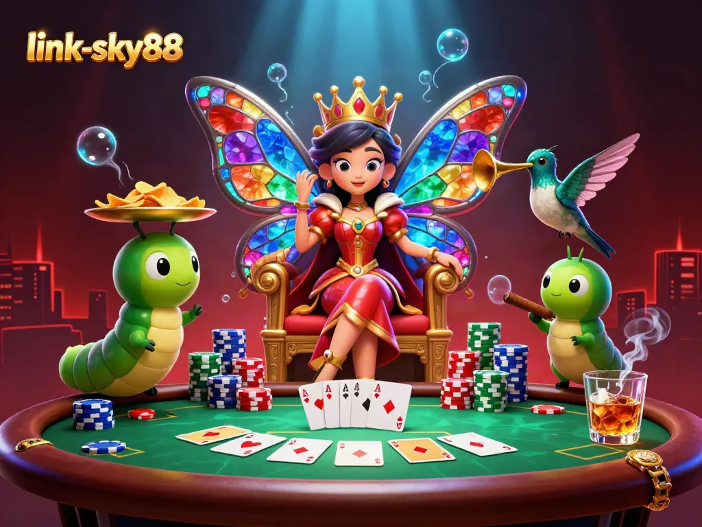 Engage with the thrilling world of gambling at link-sky88, featuring vibrant casino characters and dynamic poker elements.
