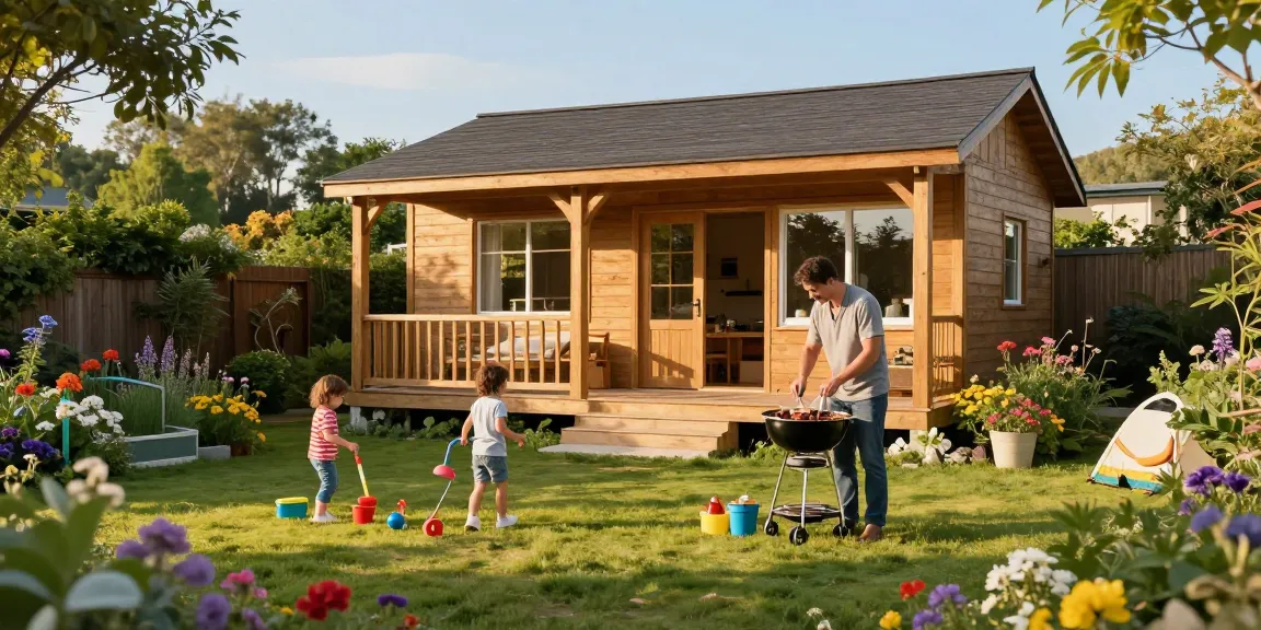 Ein Gartenhaus, umgeben von bunten Blumen, während eine Familie im Garten ein Grillfest genießt.