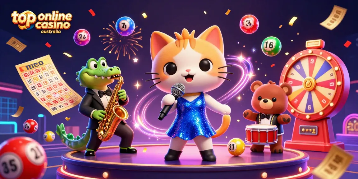 Engage with the top online casino Australia through an animated 3D illustration featuring musical characters and vibrant casino elements.
