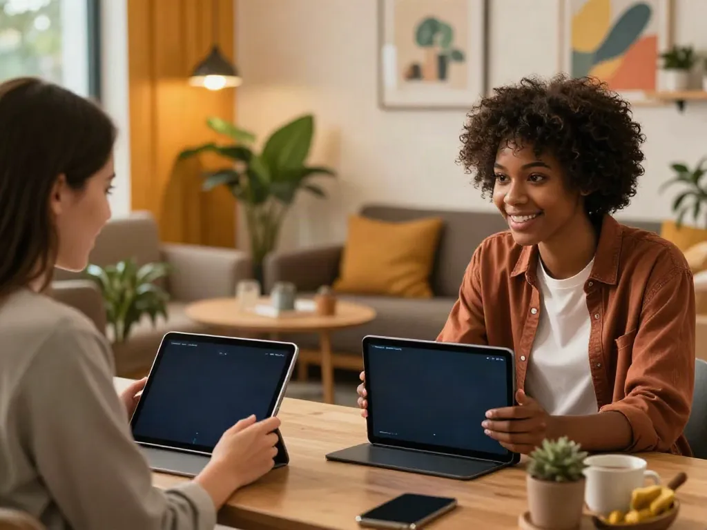 Two friends enjoying spicy chat with AI in a cozy lounge.