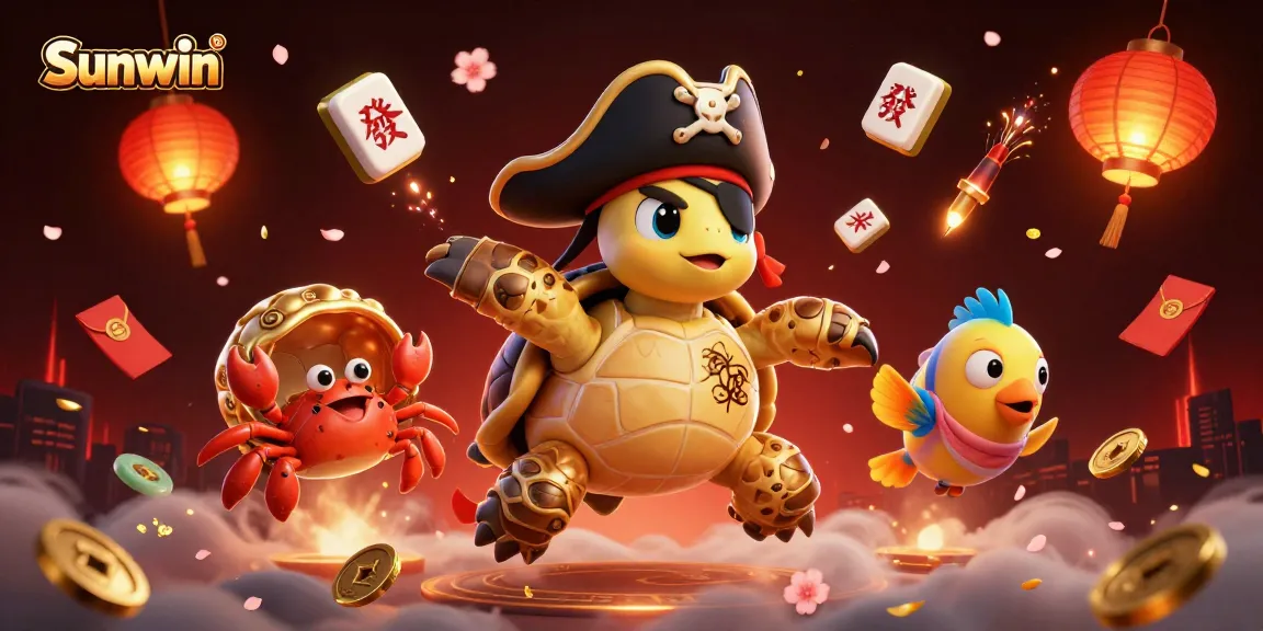 Join the adventure at Sunwin with a treasure-hunting turtle and friends amidst vibrant casino elements.