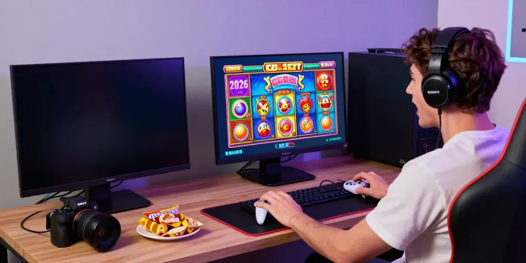 GGSOFT player engaged in the Bounce Ball Slot Game showcasing 2026 features in a vibrant gaming setup.