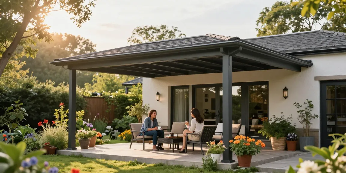 Gemütliche Terrasse mit freistehender Terrassenüberdachung umgeben von Pflanzen und Sonnenschein