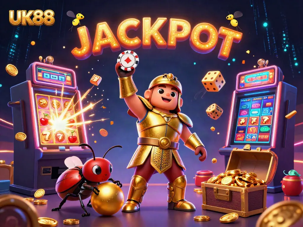 Win big with UK88 in a vibrant casino scene featuring exciting games and animated characters.