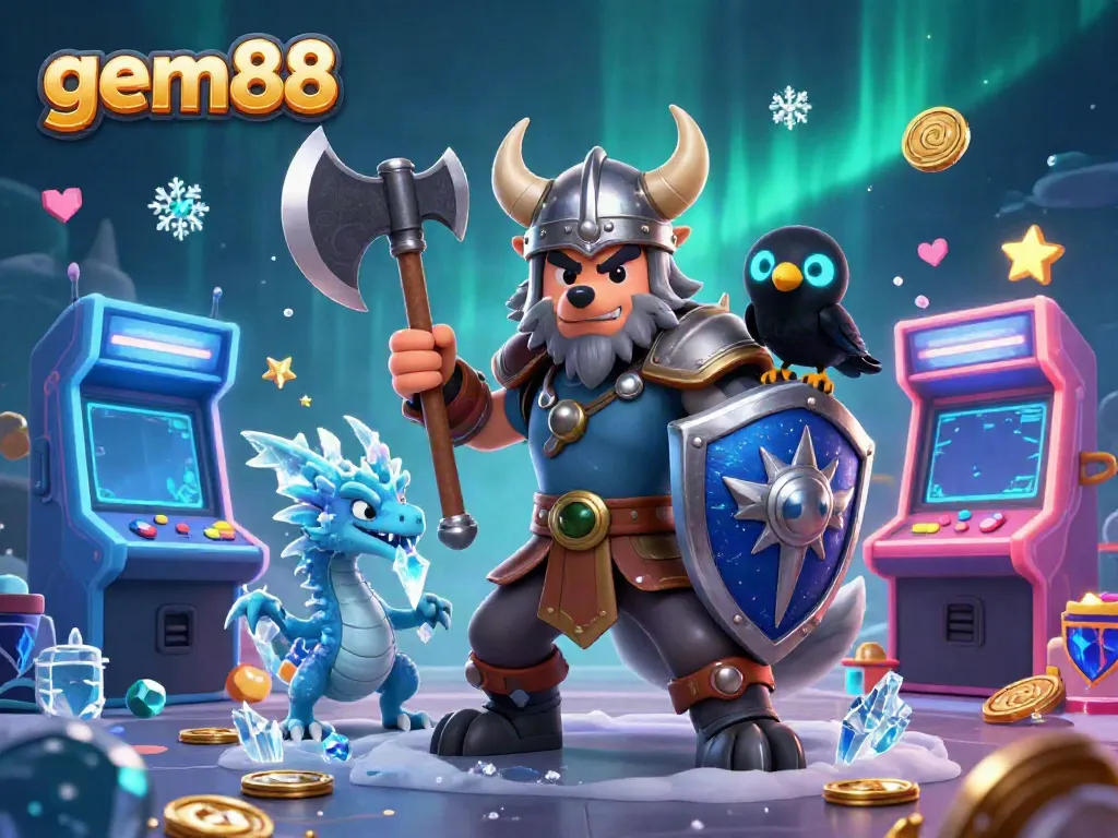 Experience gem88's thrilling world featuring Viking wolf warrior, fierce dragon, and colorful gaming elements in a 3D illustration.