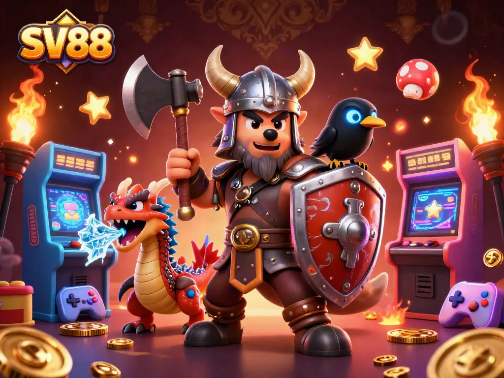 Engage with SV88's vibrant gaming world featuring a Viking warrior, dragon, and treasures.