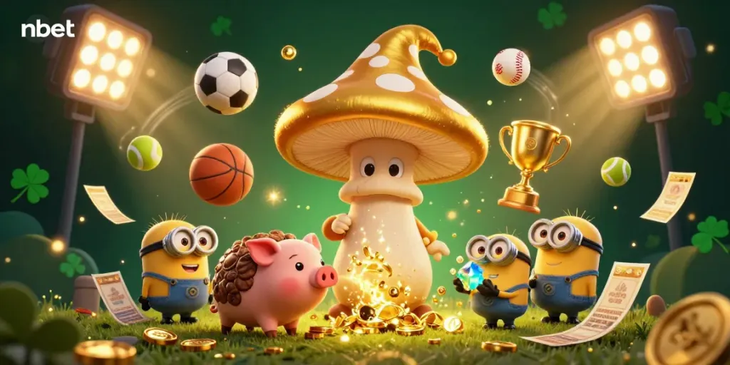 Experience the magic of nbet with a whimsical scene featuring a golden mushroom wizard and enchanting elements of the casino.