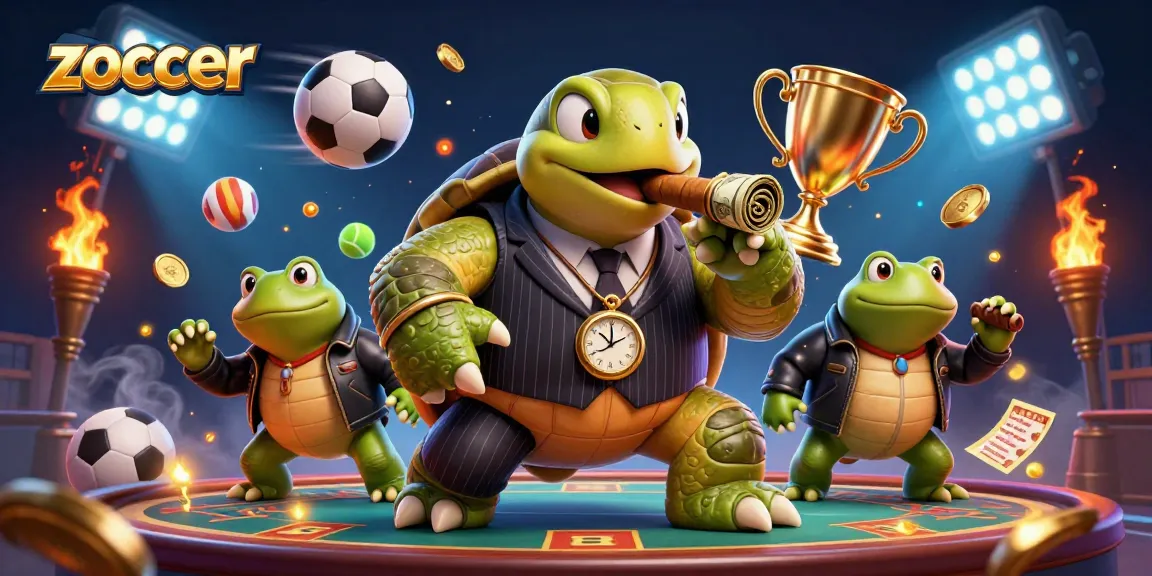 Zoccer sports betting illustration featuring a turtle in a mobster suit with dynamic sports elements.