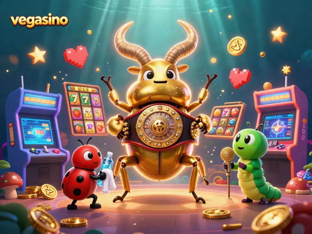 Experience the thrill of vegasino with our exciting casino scene featuring a giant stag beetle and game elements.