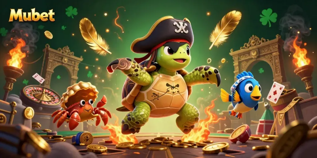 Mubet showcases a 3D cartoon pirate turtle with treasures in a vibrant casino scene filled with gold and game elements.