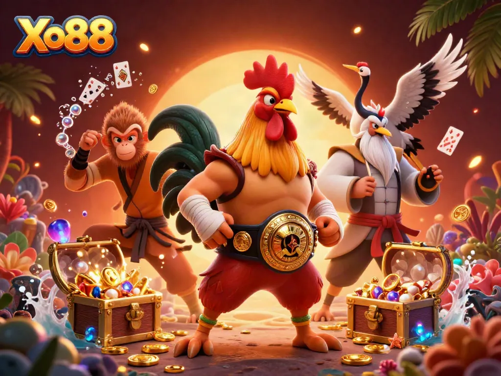 Xo88 showcases a vibrant casino illustration featuring characters and dynamic gaming elements, perfect for online bettors.