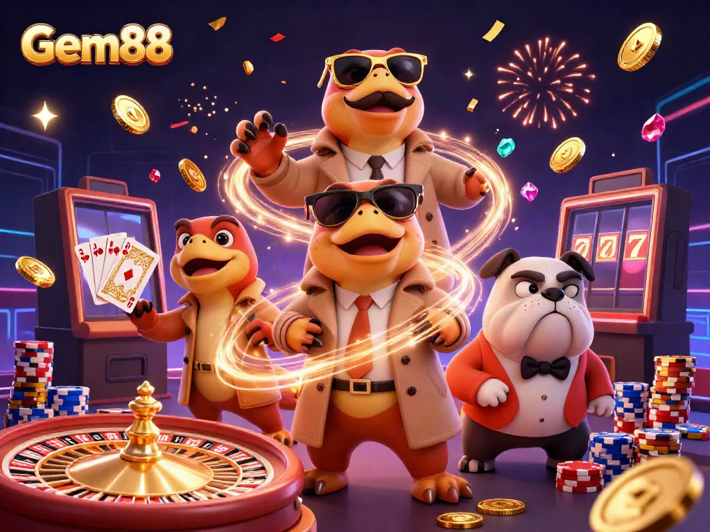 Experience Gem88's vibrant casino world with raptors in a trench coat and a bouncer in a lively scene.