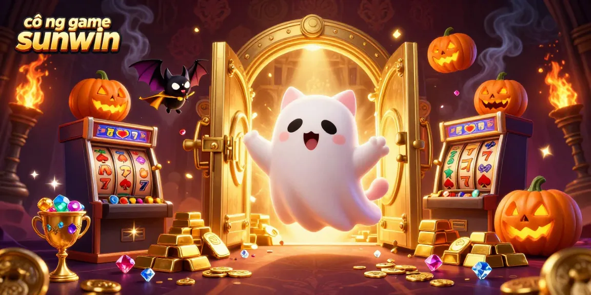 Play exciting games at cổng game sunwin with ghost cat and vampire bat amid vibrant casino treasures.