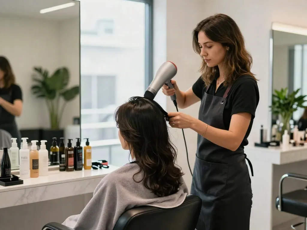 Stylische Friseurin mit leichtgewicht Haartrockner in modernem Bad.