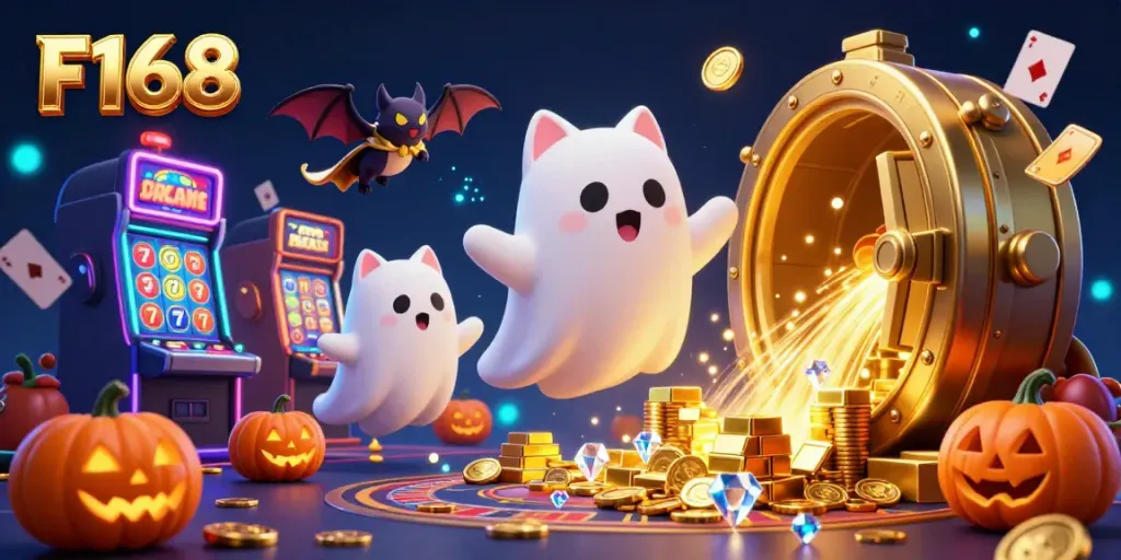 Experience the thrilling F168 casino atmosphere with ghostly characters, jackpot slots, and vibrant game elements.