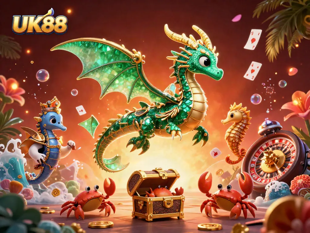 Join the UK88 adventure, where an emerald sea dragon guards treasure in an exhilarating casino world.