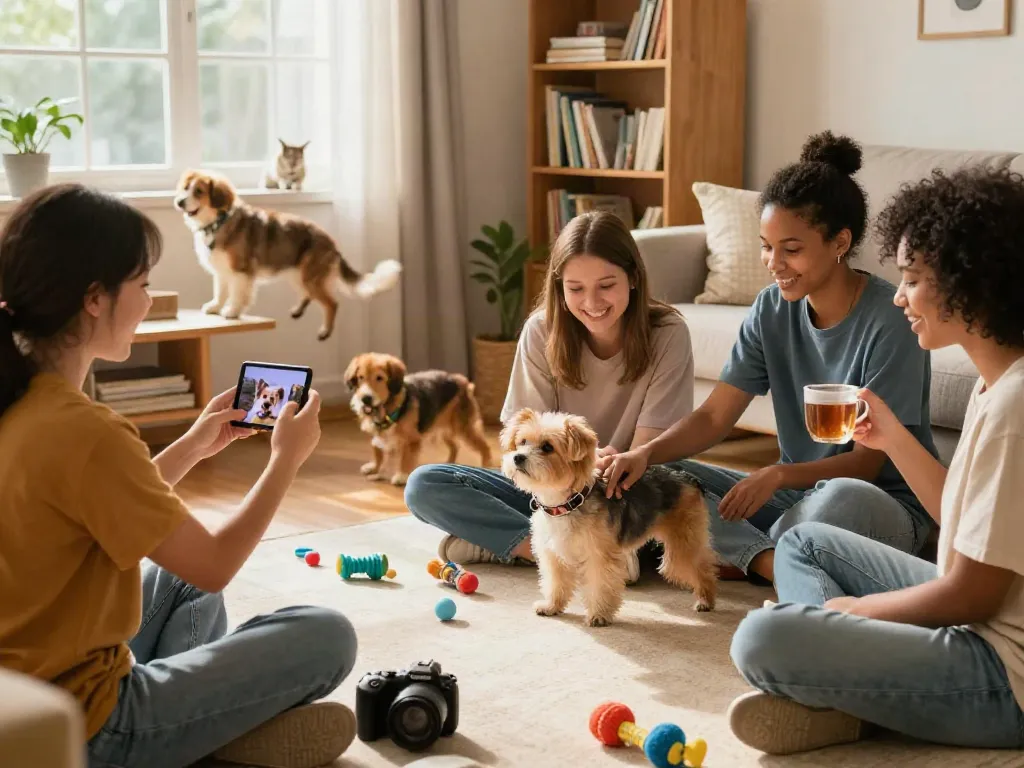 Community gathering of pet lovers sharing stories and care tips with rokok88 super showing joyful connections.