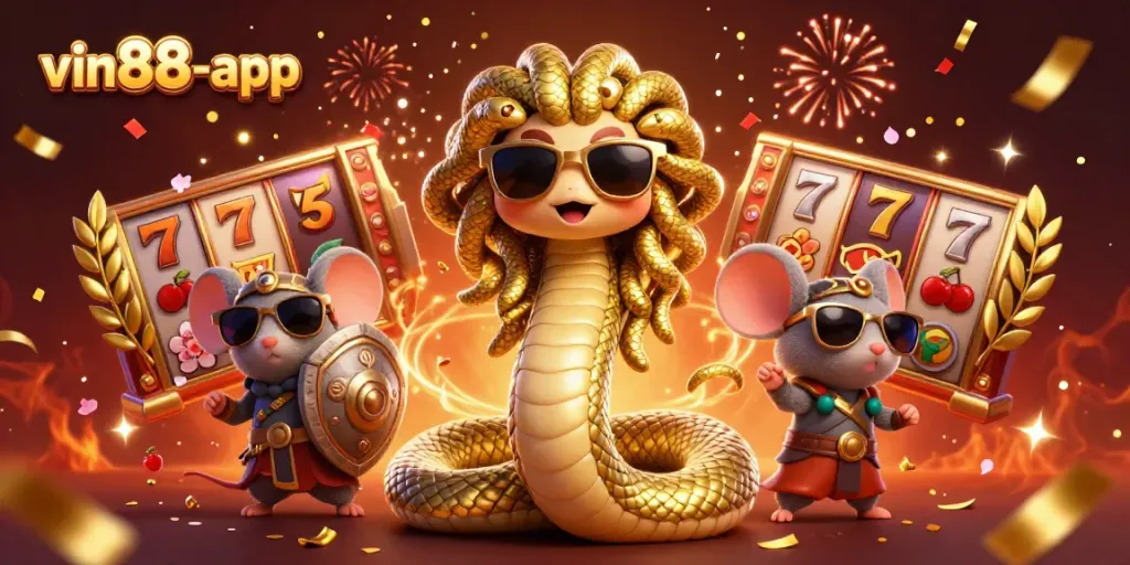 Experience winning excitement with vin88-app's lively 3D slots illustration featuring Medusa and playful elements.