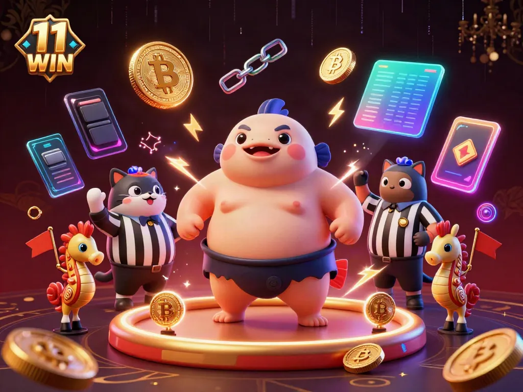 Engage with the exhilarating experience of 11 WIN featuring a vibrant underwater casino with animated characters and crypto elements.