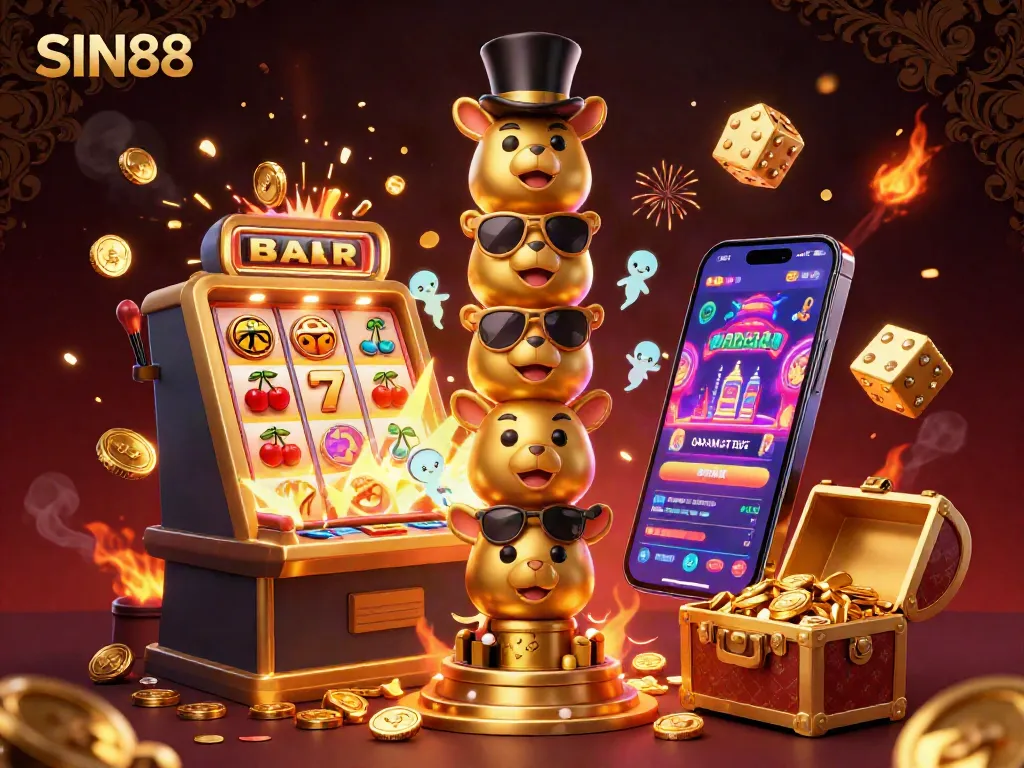 SIN88 invites players into a vibrant casino world with a dynamic scene featuring a golden totem pole and a jackpot slot machine bursting with excitement.
