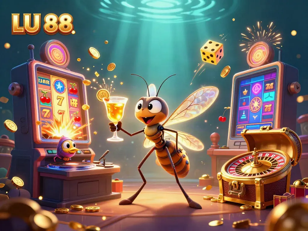 Experience LU 88's thrilling casino adventure with the vibrant characters and elements from a jackpot explosion.