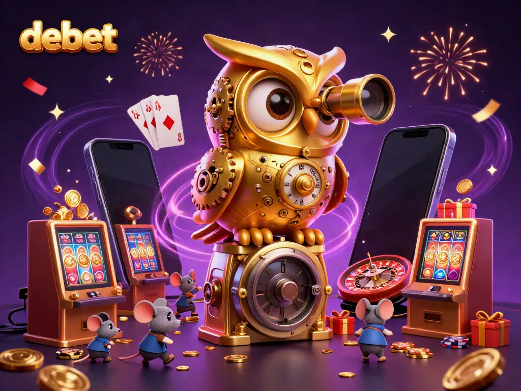 Engage in a thrilling debet casino experience with a vibrant illustration of an owl and lively mouse patrons at play.
