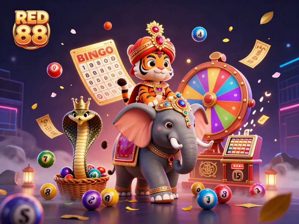 Experience the vibrant gaming world of RED 88 with a lively 3D casino scene featuring festive lottery elements.