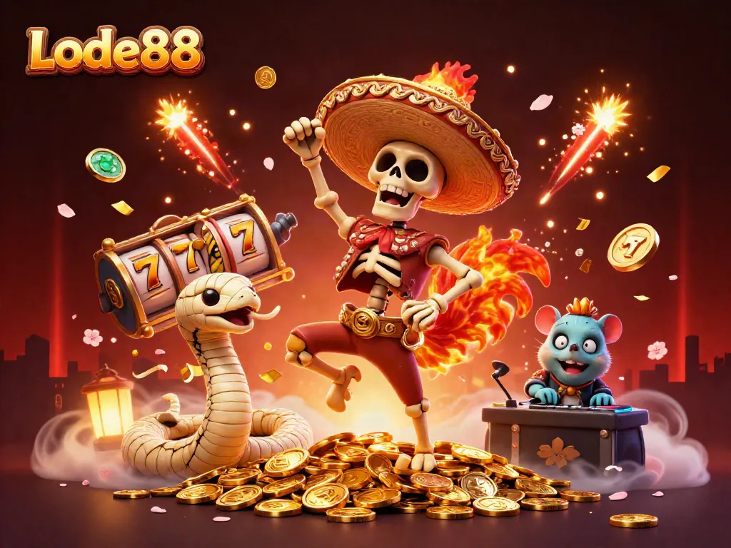 Experience Lode88's thrilling jackpots with a vibrant scene of a mariachi rooster dancing amid golden coins and lucky slot reels.